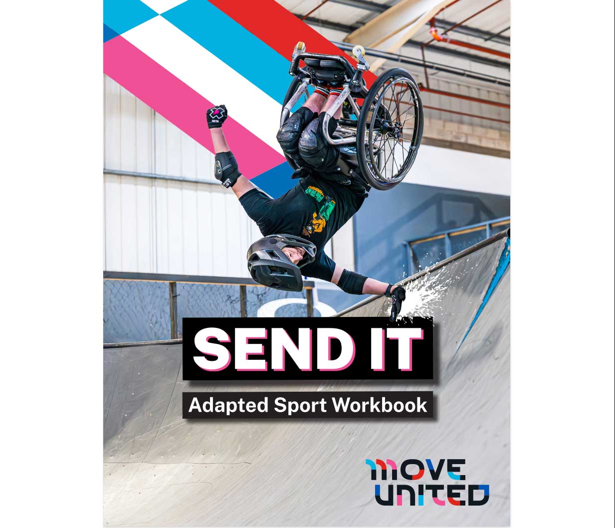 Cover page of Send It Workbook. WCMX athlete in halfpipe.