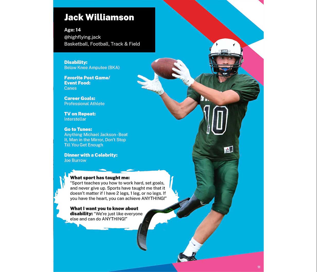 Football player with leg amputation catching football - a page of the Send It Workbook